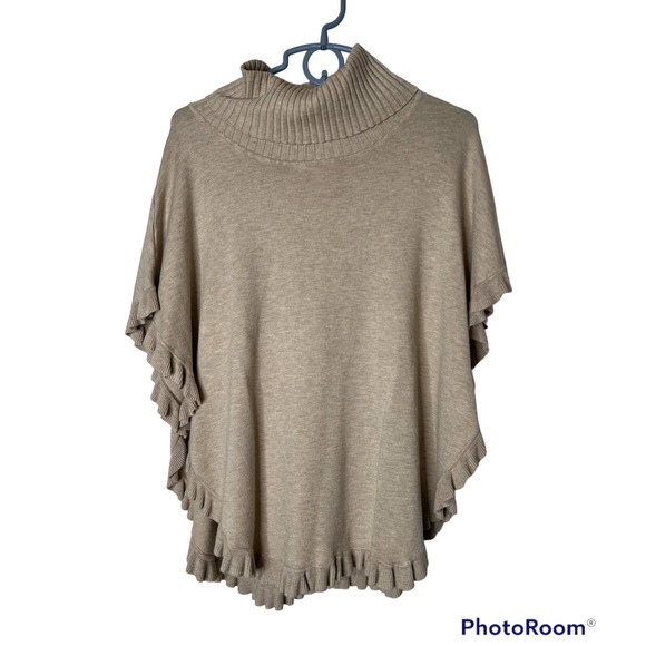 Joseph A Poncho Sweater in Tan Cowl Neckline Ruffled Hem Size Medium - Picture 1 of 5